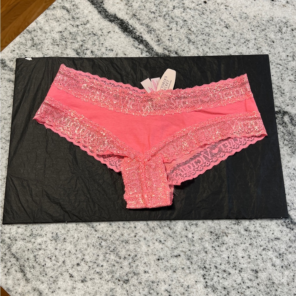NWT victoria’s Secret Pink Cotton Shimmer Lace Cheeky Panties VS Extra Small XS